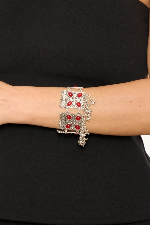 Kiraz Burgundy Stoned Silver Plated Bracelet