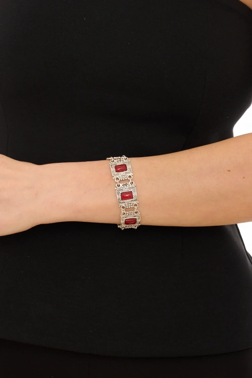 Kiraz Burgundy Stoned Silver Plated Bracelet