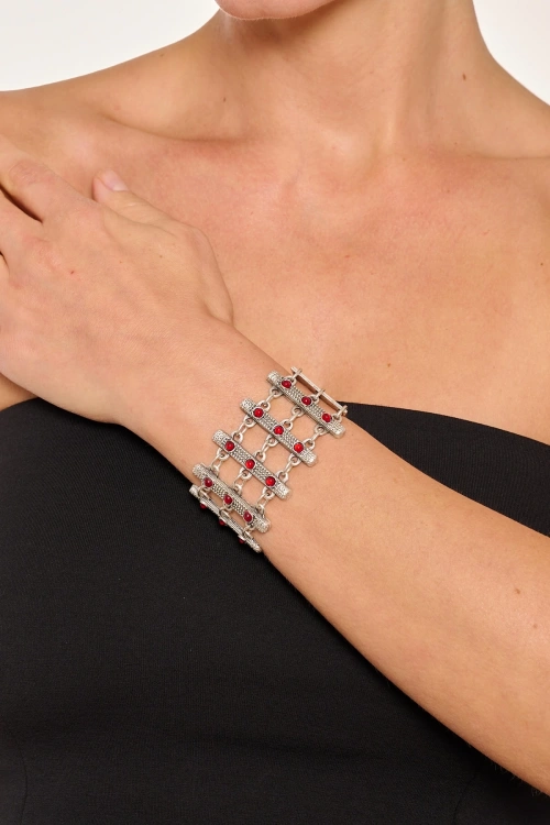 Kiraz Burgundy Stoned Silver Plated Bracelet