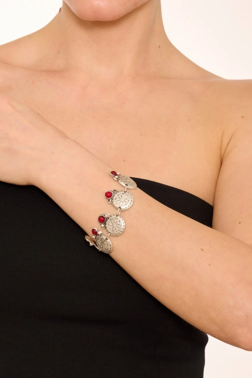 Kiraz Burgundy Stoned Silver Plated Bracelet