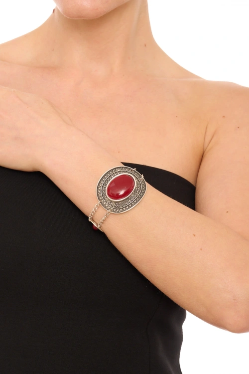 Kiraz Burgundy Stoned Silver Plated Bracelet