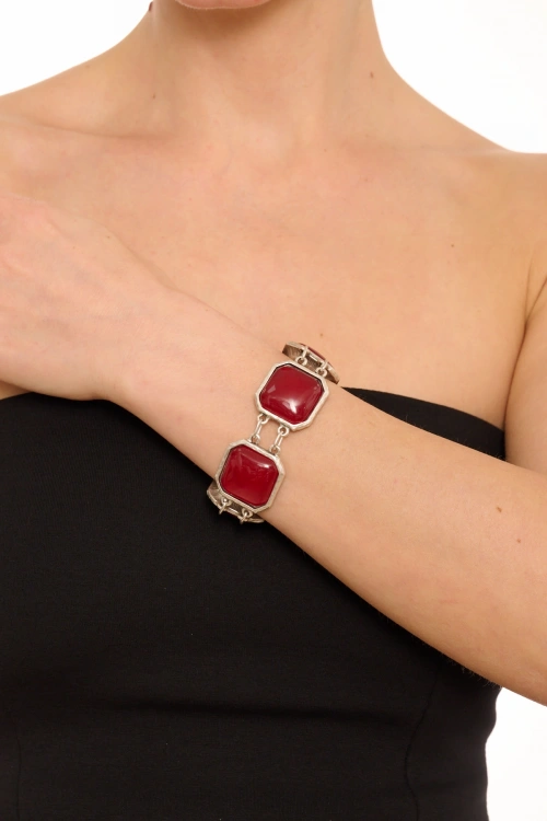 Kiraz Burgundy Stoned Silver Plated Bracelet