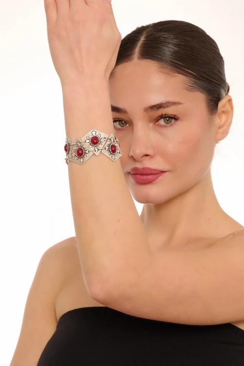 Kiraz Burgundy Stoned Silver Plated Bracelet