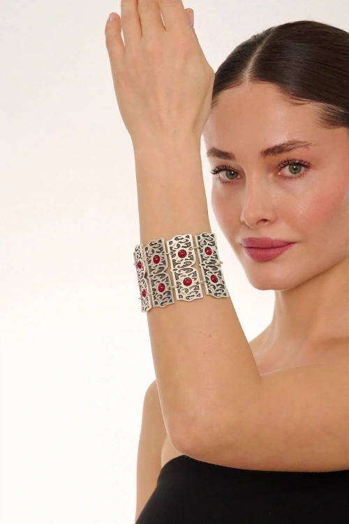 Kiraz Burgundy Stoned Silver Plated Bracelet