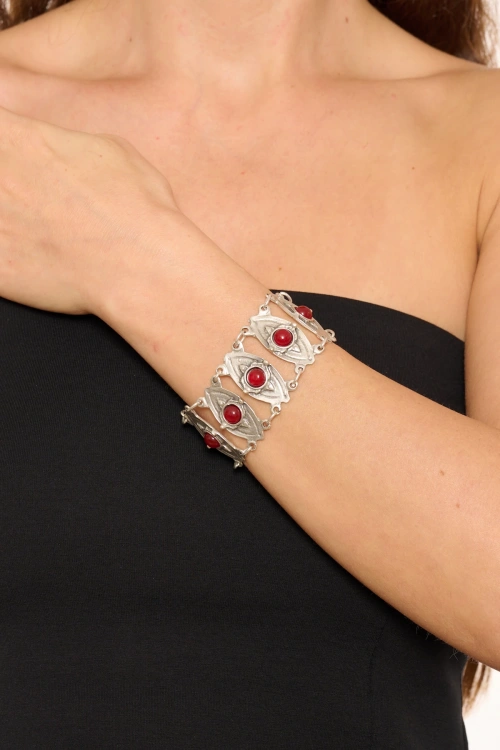 Kiraz Burgundy Stoned Silver Plated Bracelet