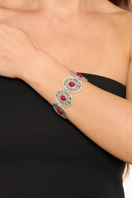 Kiraz Burgundy Stoned Silver Plated Bracelet