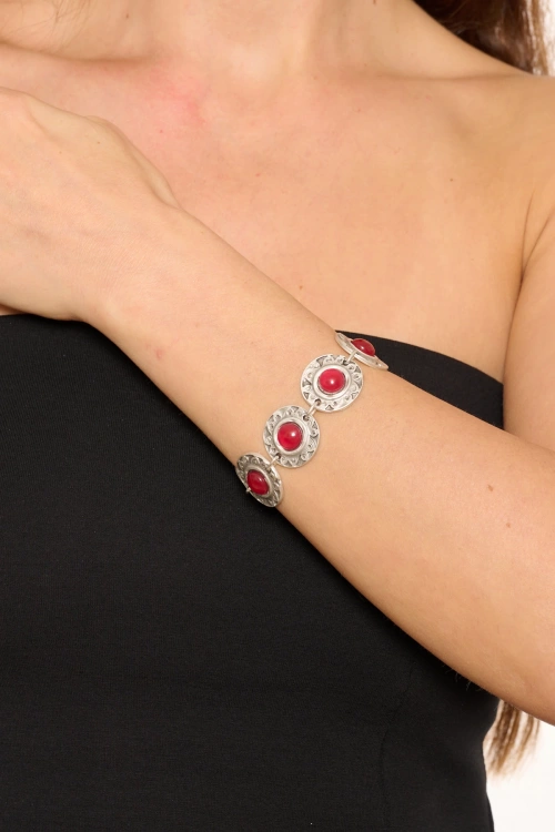 Kiraz Burgundy Stoned Silver Plated Bracelet