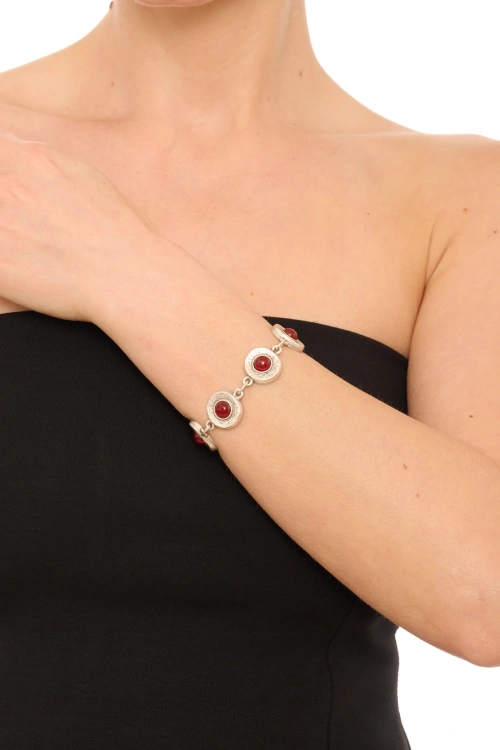 Kiraz Burgundy Stoned Silver Plated Bracelet
