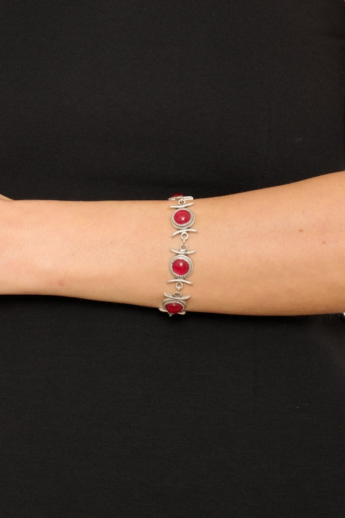 Kiraz Burgundy Stoned Silver Plated Bracelet