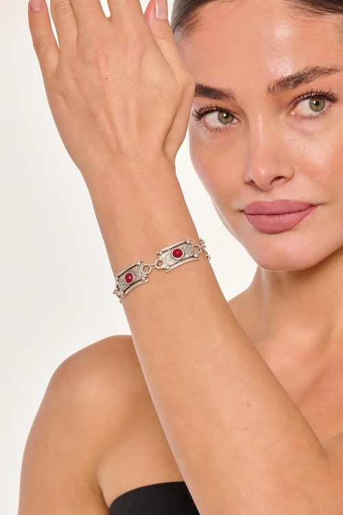 Kiraz Burgundy Stoned Silver Plated Bracelet