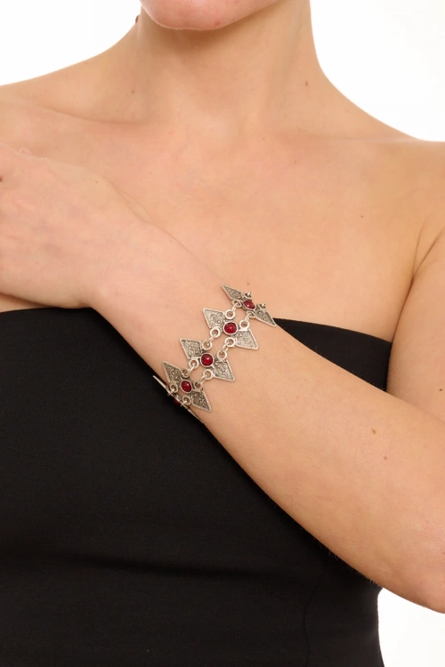 Kiraz Burgundy Stoned Silver Plated Bracelet