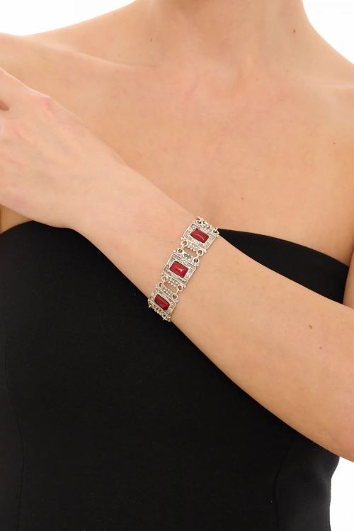 Kiraz Burgundy Stoned Silver Plated Bracelet