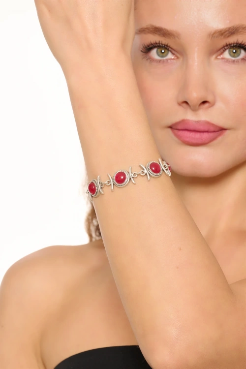 Kiraz Burgundy Stoned Silver Plated Bracelet