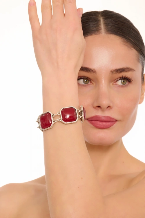 Kiraz Burgundy Stoned Silver Plated Bracelet