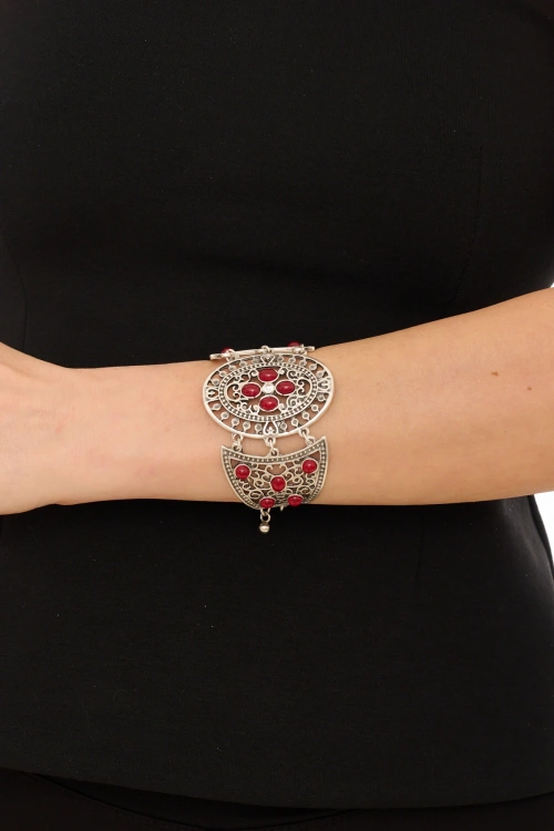 Kiraz Burgundy Stoned Silver Plated Bracelet