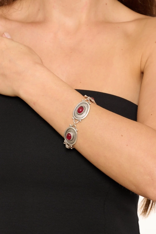 Kiraz Burgundy Stoned Silver Plated Bracelet