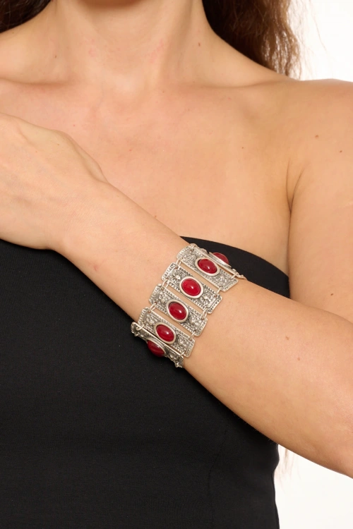 Kiraz Burgundy Stoned Silver Plated Bracelet