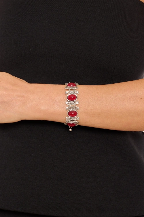 Kiraz Burgundy Stoned Silver Plated Bracelet