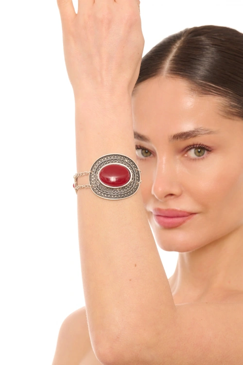 Kiraz Burgundy Stoned Silver Plated Bracelet