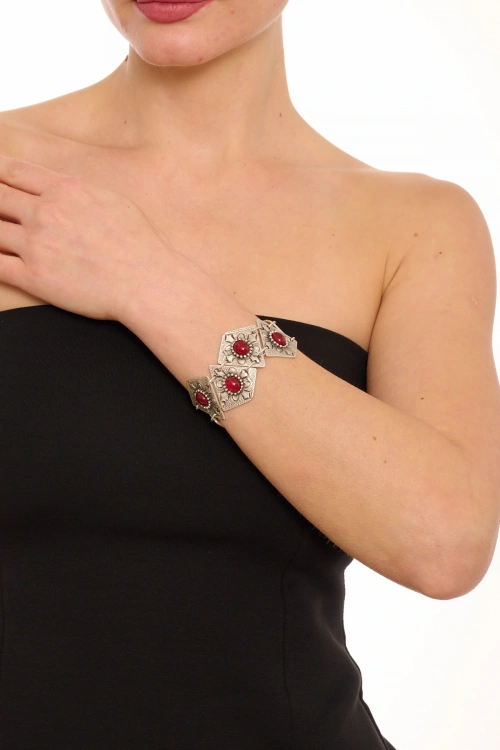 Kiraz Burgundy Stoned Silver Plated Bracelet