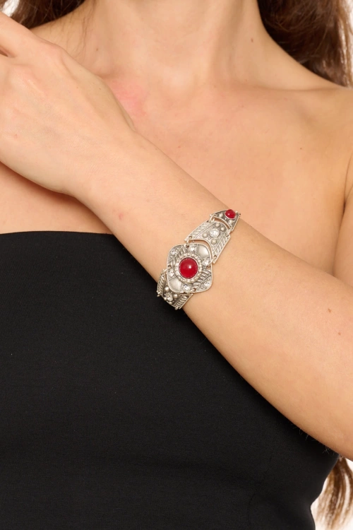 Kiraz Burgundy Stoned Silver Plated Bracelet