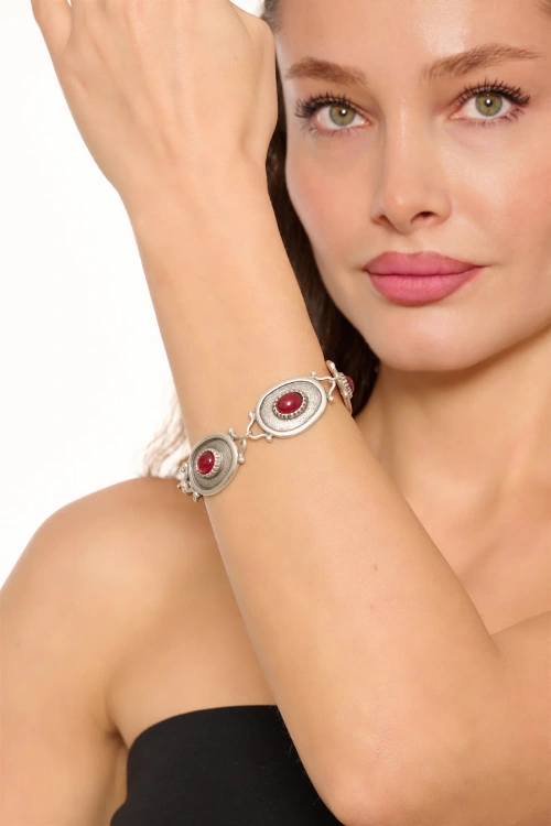Kiraz Burgundy Stoned Silver Plated Bracelet