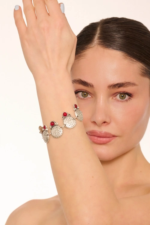 Kiraz Burgundy Stoned Silver Plated Bracelet