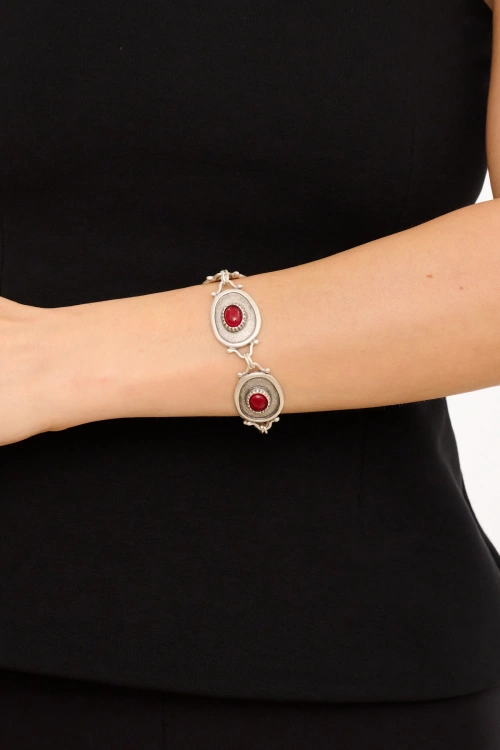 Kiraz Burgundy Stoned Silver Plated Bracelet