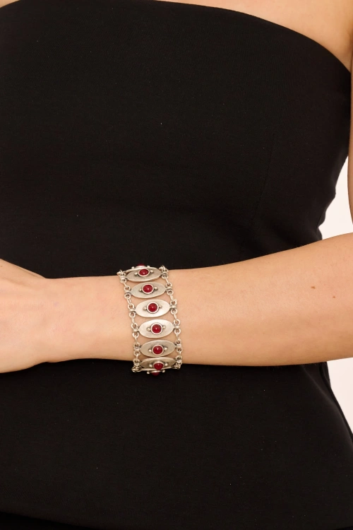 Kiraz Burgundy Stoned Silver Plated Bracelet