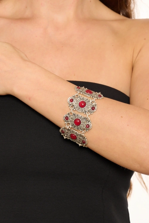 Kiraz Burgundy Stoned Silver Plated Bracelet