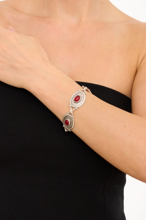 Kiraz Burgundy Stoned Silver Plated Bracelet