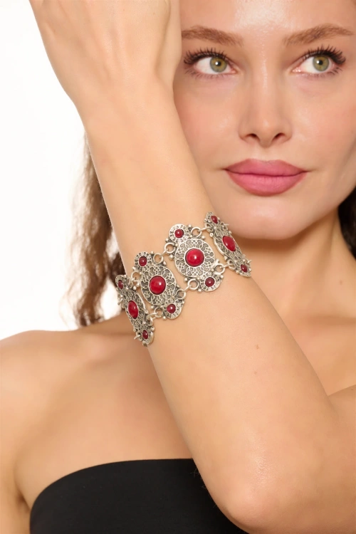 Kiraz Burgundy Stoned Silver Plated Bracelet