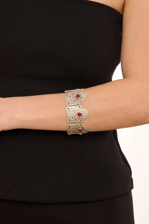 Kiraz Burgundy Stoned Silver Plated Bracelet