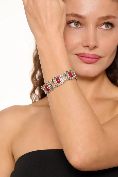 Kiraz Burgundy Stoned Silver Plated Bracelet