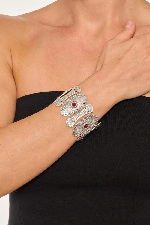 Kiraz Burgundy Stoned Silver Plated Bracelet