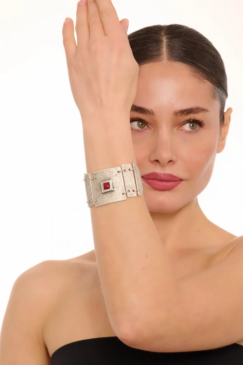 Kiraz Burgundy Stoned Silver Plated Bracelet