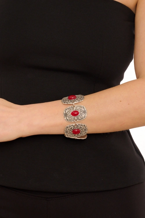 Kiraz Burgundy Stoned Silver Plated Bracelet