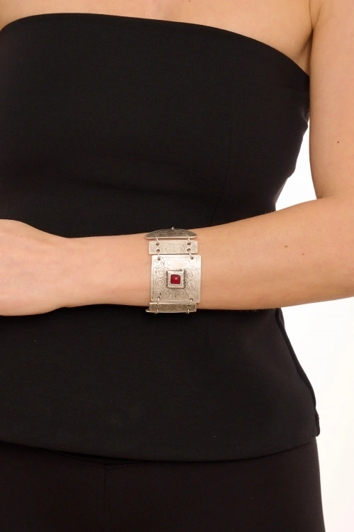 Kiraz Burgundy Stoned Silver Plated Bracelet