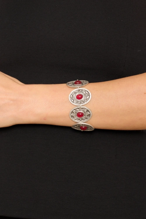 Kiraz Burgundy Stoned Silver Plated Bracelet
