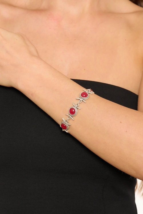 Kiraz Burgundy Stoned Silver Plated Bracelet