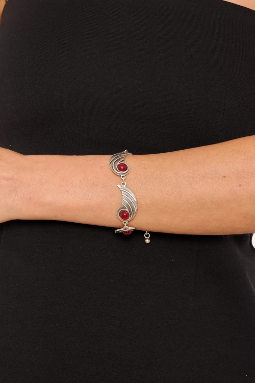 Kiraz Burgundy Stoned Silver Plated Bracelet