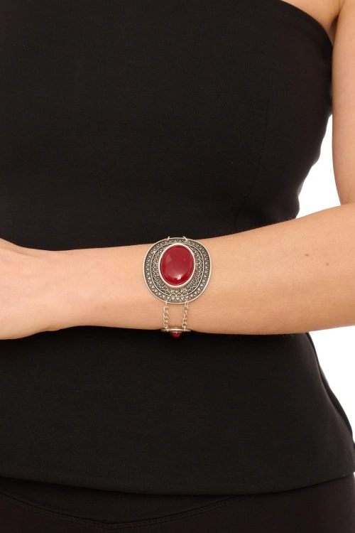 Kiraz Burgundy Stoned Silver Plated Bracelet