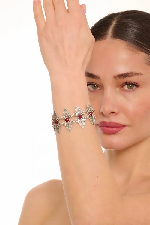 Kiraz Burgundy Stoned Silver Plated Bracelet