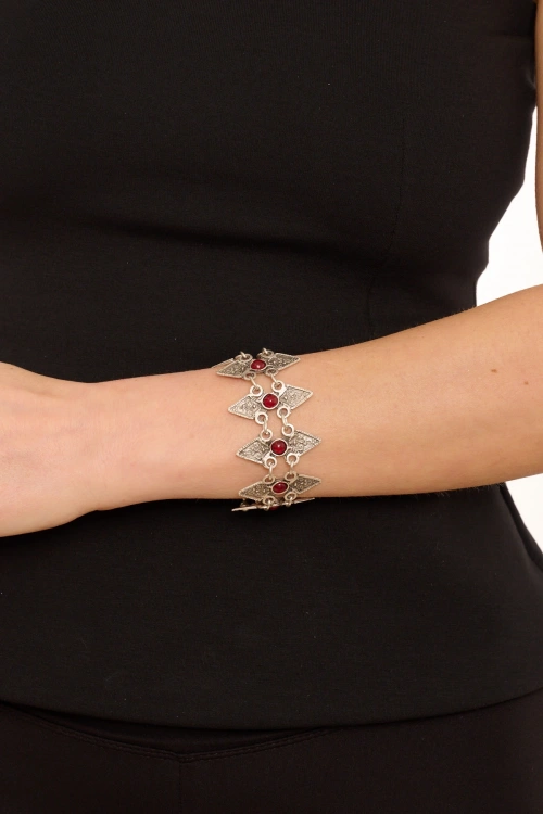 Kiraz Burgundy Stoned Silver Plated Bracelet