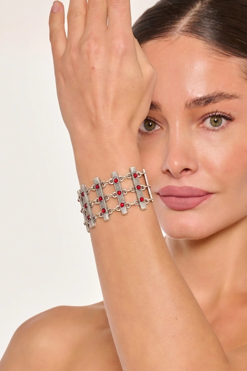 Kiraz Burgundy Stoned Silver Plated Bracelet