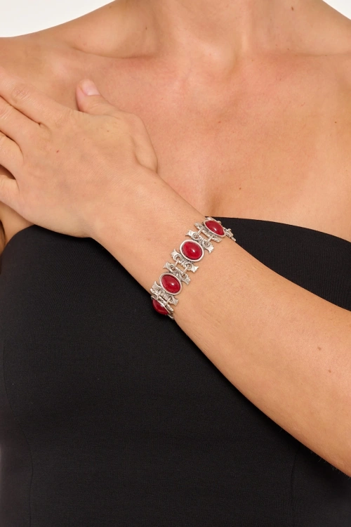 Kiraz Burgundy Stoned Silver Plated Bracelet