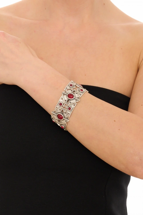 Kiraz Burgundy Stoned Silver Plated Bracelet