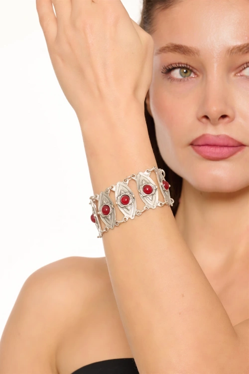 Kiraz Burgundy Stoned Silver Plated Bracelet