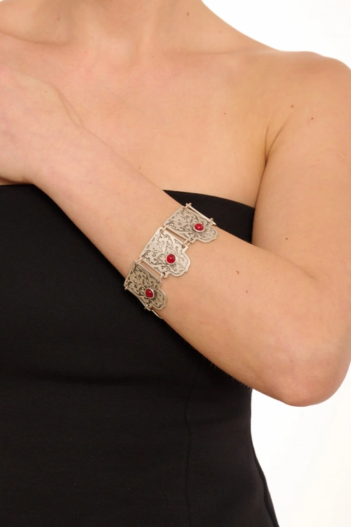 Kiraz Burgundy Stoned Silver Plated Bracelet