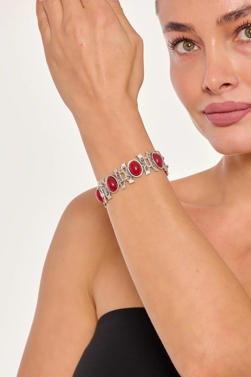 Kiraz Burgundy Stoned Silver Plated Bracelet